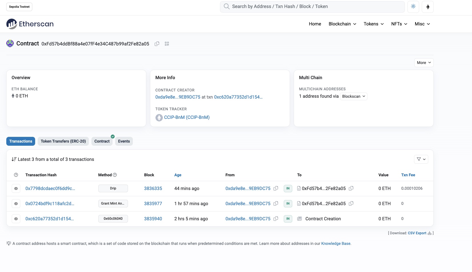 Chainlink CCIP Test token etherscan